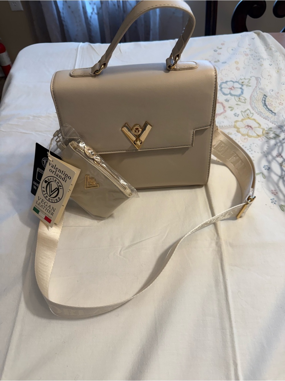 Valentino Orlandi Cream Vegan Leather Top-Handle Crossbody with Gold Hardware